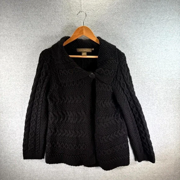 Vintage Inis Crafts Chunky Cardigan Sweater Women's Large Black Cable Knit Wool - Picture 1 of 8